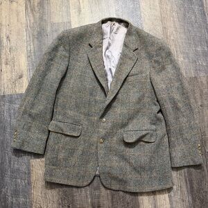 Vintage 90s Harris Tweed Lands End Herringbone Green Plaid Men's Blazer 46L